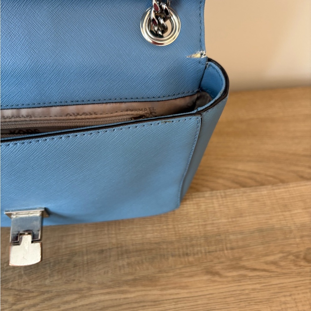 Michael Kors Tina Studded Flap Bag Lt. Blue Saffiano Leather Wear 2-ways - Picture 12 of 13